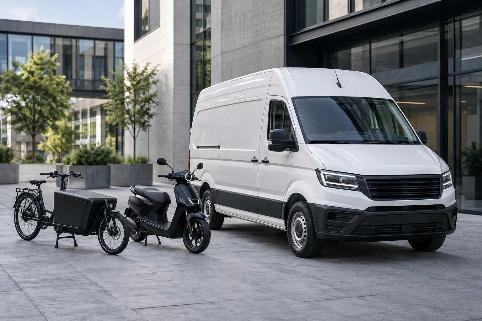 Symbolbild: Lieferwagen, Motorroller und Lastenfahrrad in einem modernen Logistikhof